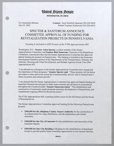 Specter and Santorum announce committee approval of funding for revitalization projects in Pennsylvania