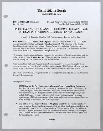 Specter and Santorum announce committee approval of transportation projects in Pennsylvania
