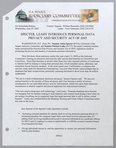 Specter, Leahy introduce Personal Data Privacy and Security Act of 2005