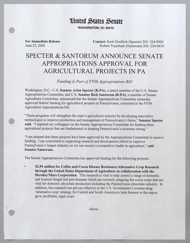 Specter and Santorum announce Senate Appropriations Committee approval for agricultural projects in Pennsylvania