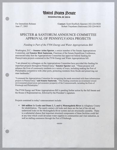 Specter and Santorum announce committee approval of Pennsylvania projects
