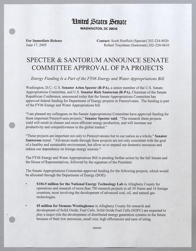 Specter and Santorum announce Senate committee approval of Pennsylvania projects