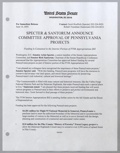 Specter and Santorum announce committee approval of Pennsylvania projects