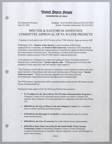 Specter and Santorum announce committee approval of Pennsylvania water projects