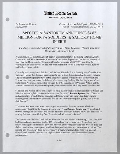 Specter and Santorum announce $4.67 million for Pennsylvania "soldiers and sailors" home in Erie