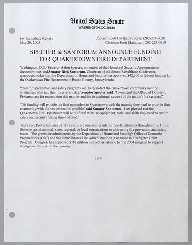 Specter and Santorum announce funding for Quakertown fire department