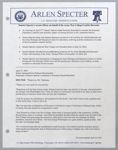 Senator Specter's recent efforts on behalf of the Army War College/Carlisle Barracks