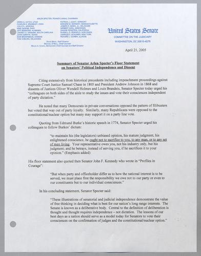 Summary of Senator Arlen Specter's floor statement on Senators' political independence and dissent