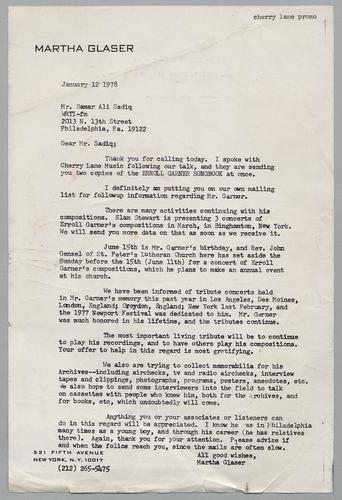 Martha Glaser Outgoing Correspondence