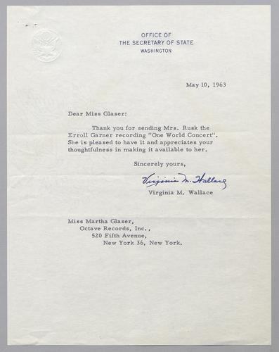 Correspondence from Dean Rusk (Mrs.)