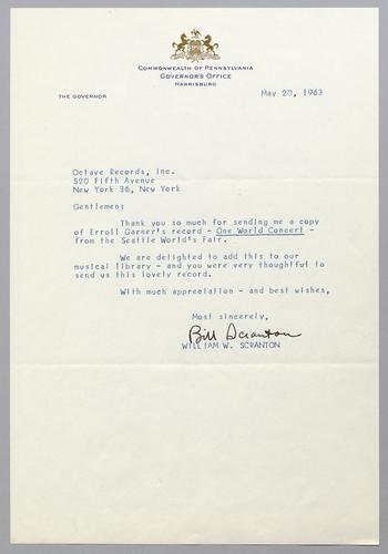 Correspondence from William W. Scranton (P.A. Governor)