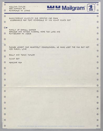 Correspondence from Billy Taylor