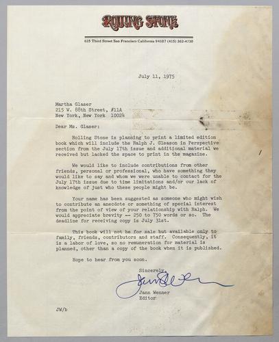 Correspondence from Jann Wenner