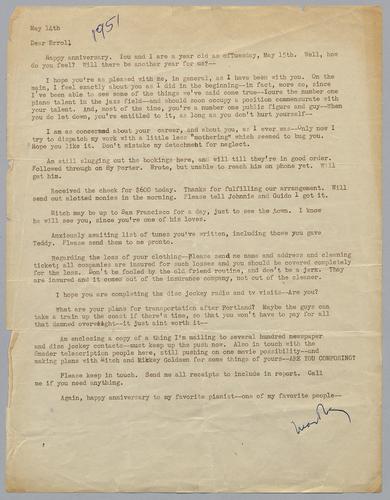 Correspondence between Erroll Garner and Martha Glaser