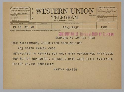 Erroll Garner Telegraph and Correspondence