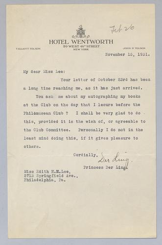 Der Ling to Mrs. Alfred Lee