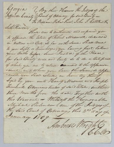 Ambrose Wright to Seth Pierce, Warrant of Appraisement, Jefferson County, Georgia
