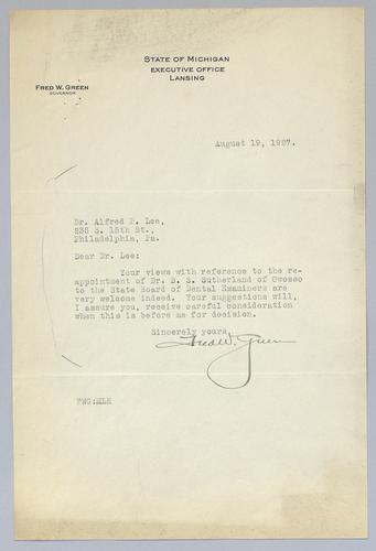Fred Green to Alfred P. Lee
