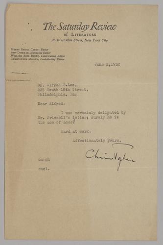[Christopher Morley] to Alfred P. Lee