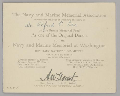 Alfred P. Lee's donor receipt for Navy and Marine Memorial at Washington, signed by A. W. Grant