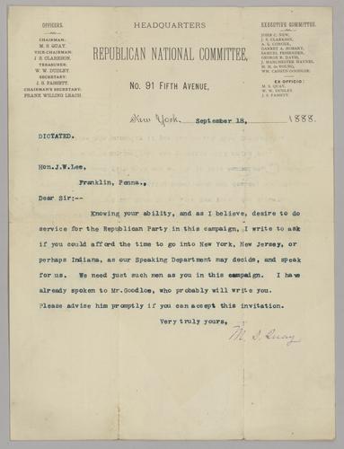 Matthew Stanley Quay to J. W. Lee