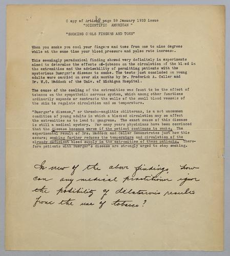 Transcript on Scientific American article, "Smoking Cools Fingers and Toes"