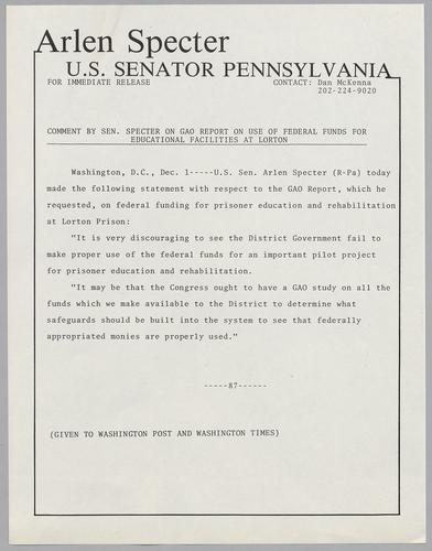 Comment by Senator Specter on GAO report on use of federal funds for educational facilities at Lorton