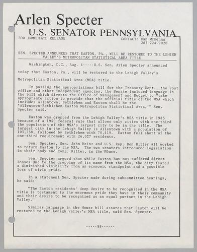 Senator Specter announces that Easton, PA, will be restored to the Lehigh Valley's metropolitan statistical area title