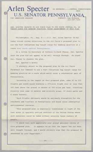 Senator Specter objects to Air Force plan to use south central PA as target range for bombing practice: urges abandonment of this plan