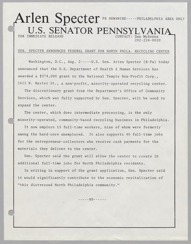 Senator Specter announces federal grant for north Philadelphia recycling center