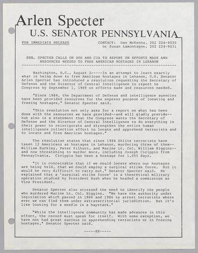 Senator Specter calls on DOD and CIA to report on efforts made and resources needed to free American hostages in Lebanon