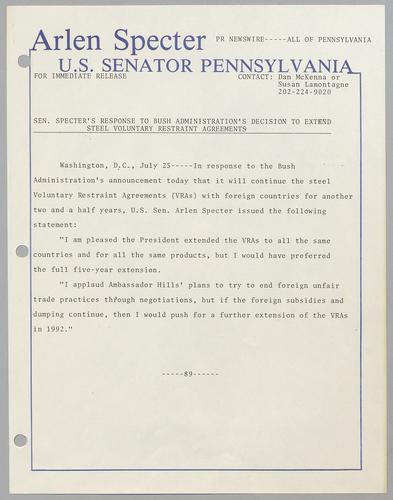 Senator Specter's response to Bush Administration's decision to extend steel voluntary restraint agreements