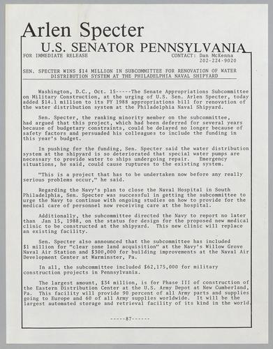 Senator Specter wins $14 million in subcommittee for renovation of water distribution system at the Philadelphia Naval Shipyard