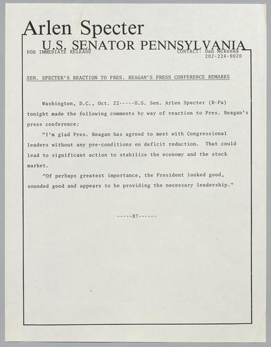 Senator Specter's reaction to President Reagan's press conference remarks