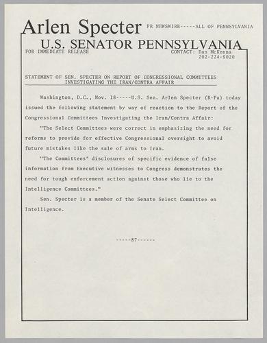 Statement of Senator Specter on report of Congressional committees investigating the Iran/Contra affair