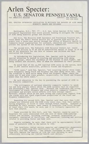 Senator Specter introduces legislation to mitigate the ravages of AIDS among groups and children