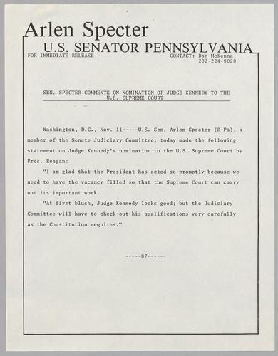 Senator Specter comments on nomination of Judge Kennedy to the U.S. Supreme Court
