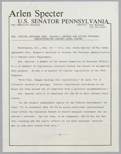 Senator Specter applauds President Reagan's support for giving Veterans Administration cabinet-level status