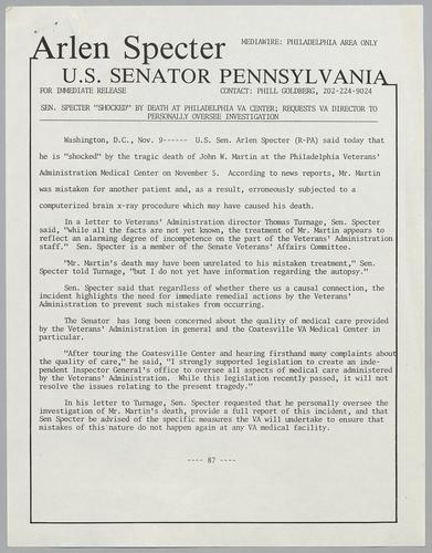 Senator Specter "shocked" by death at Philadelphia VA Center; requests VA director to personally oversee investigation