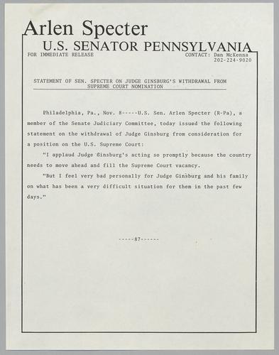 Statement of Senator Specter on Judge Ginsburg's withdrawal from Supreme Court nomination