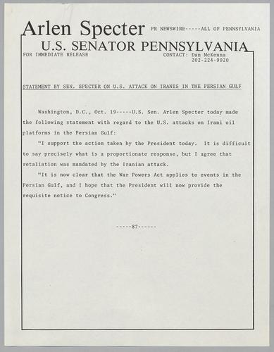 Statement by Senator Specter on U.S. attack on Iranis in the Persian Gulf