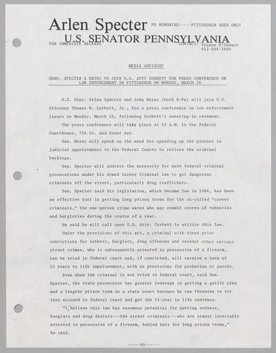 Senators Specter and Heinz to join U.S. Attorney Corbett for press conference on law enforcement in Pittsburgh on Monday, March 26, 1990