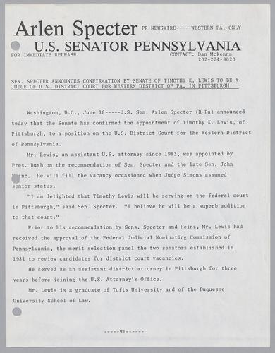 Senator Specter announces confirmation by Senate of Timothy K. Lewis to be a judge of U.S. District court for Western District of PA in Pittsburgh