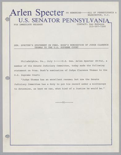 Senator Specter's statement to President Bush's nomination of Judge Clarence Thomas to the U.S. Supreme Court