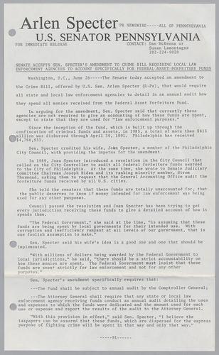 Senate accepts Senator Specter's amendment to crime bill requiring local law enforcement agencies to account specifically for federal asset forfeiture funds