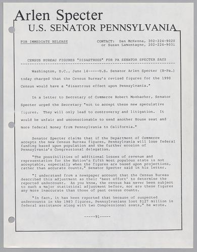 Census Bureau figures "disastrous" for PA Senator Specter says