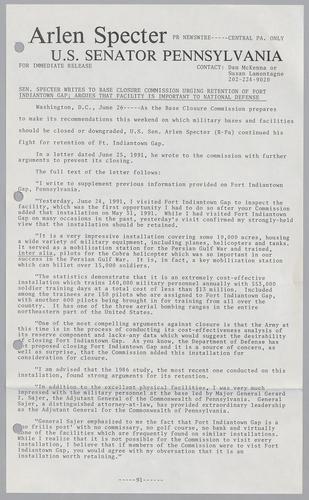Senator Specter writes to Base Closure Commission urging retention of Fort Indiantown Gap; argues that facility is important to national defense