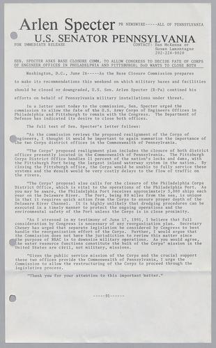 Senator Specter asks Base Closure Commission to allow Congress to decide fate of Corps of Engineer offices in Philadelphia and Pittsburgh; DOD wants to close both