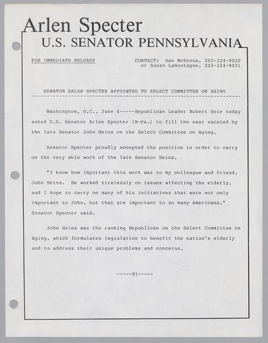 Senator Arlen Specter appointed to select Committee on Aging