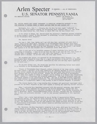 Senator Specter charges Navy caught "red-handed" in concealing information favorable to PNSY; asks Secretary of Defense Cheney to remove shipyard from base closing list